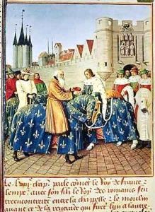 Ms Fr 6465 fol 444 Charles V 1338-80 receiving Emperor Charles IV 1316-78 at the Porte du Temple in Paris
