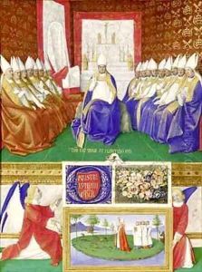 St Hilary of Poitiers Presiding over a Council from the Hours of Etienne Chevalier