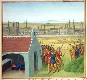 Ms Fr 6465 fol 57 King Clothar II 584-629 cannot bring back his son Dagobert I 605-39 to Paris by Jean Fouquet