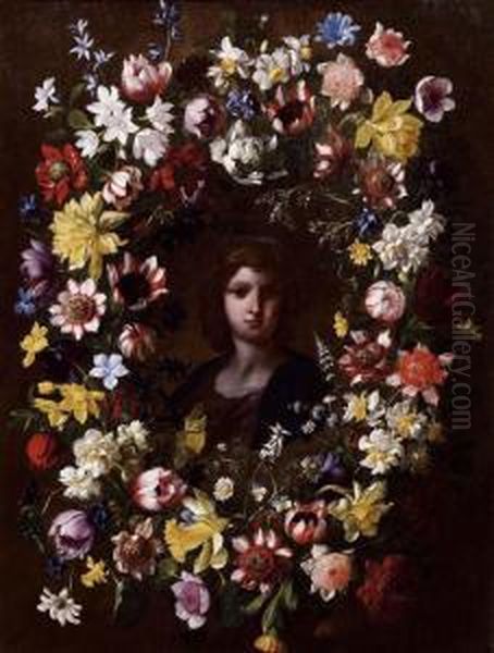 Ghirlanda Di Fiori Che Incornicia Ilvolto Di Gesu Fanciullo - view 1