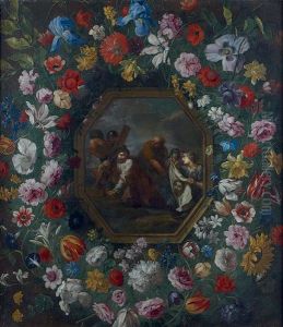 Le Voile De Veronique Dans Une Guirlande De Fleurs by Giovanni Stanchi