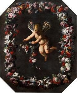 Putto Mit Libellenflugeln In Blutenkranz Schwebend