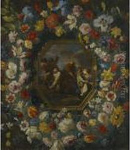 A Garland Of Flowers Surrounding An Octagonal Painting Of Christ Onthe Road To Calvary by Giovanni Stanchi