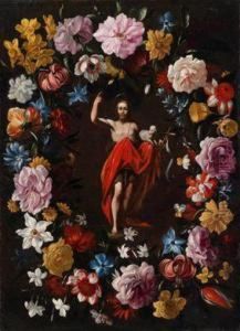 Eine Blumengirlande Um Ein Medaillon Mit Dem Auferstandenen Christus
