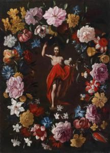 Detto Stanchi Dei Fiori Una 
Ghirlanda Di Fiori Intorno A Un Medaglione Con Cristo Risorto