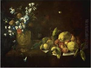 Still Life With Fruit Piled High On A Plate Beside A Bronze Urnfilled With Flowers by Giovanni Stanchi