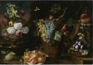 Still Life Of Flowers In A
Sculpted Vase, Peaches On A Plate, Grapes And Pomegranates In A
Terracotta Vessel, And Figs In A Basket, All In A Landscape by Giovanni Stanchi
