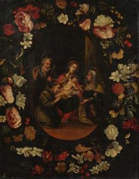La Sacra Famiglia Con Sant'anna E San Francesco D'assisi,all'interno Di Una Ghirlanda - view 1