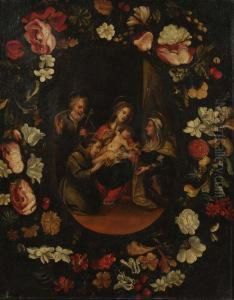 La Sacra Famiglia Con Sant'anna E San Francesco D'assisi,all'interno Di Una Ghirlanda