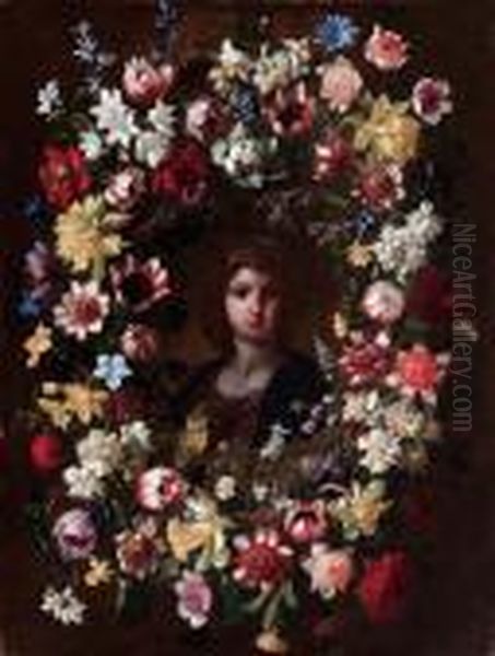 Ghirlanda Di Fiori Con Busto Di Gesu(?) - view 1