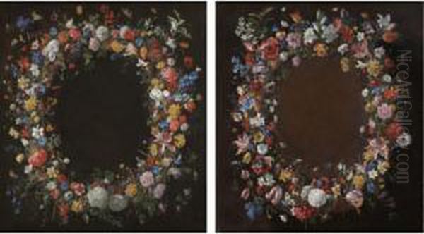 A Pair Of Still Lifes With 
Garlands Of Flowers Including Tulips, Peonies, Irises, Daffodils, 
Narcissi, Hyacinths, Morning Glory, Anemones, Roses, Poppies And Orange 
Blossom - view 1