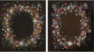 A Pair Of Still Lifes With
Garlands Of Flowers Including Tulips, Peonies, Irises, Daffodils,
Narcissi, Hyacinths, Morning Glory, Anemones, Roses, Poppies And Orange
Blossom by Giovanni Stanchi