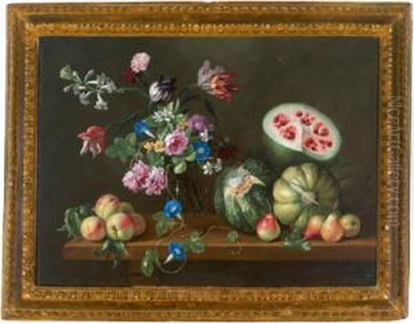 Natura Morta Con Fiori In Un Vaso Di Vetro Con Meloni E Mele; Olio Su Tela - view 1