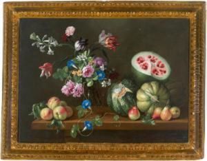 Natura Morta Con Fiori In Un Vaso Di Vetro Con Meloni E Mele; Olio Su Tela by Giovanni Stanchi
