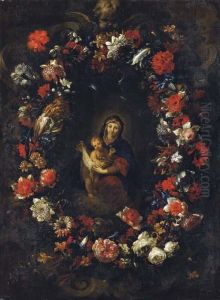 Vierge A L'enfant Dans Une Couronne De Fleurs