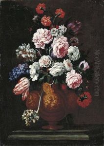 Roses, Carnations, Tulips And Other Flowers In A Sculpted Urn On A Stone Ledge by Giovanni Stanchi