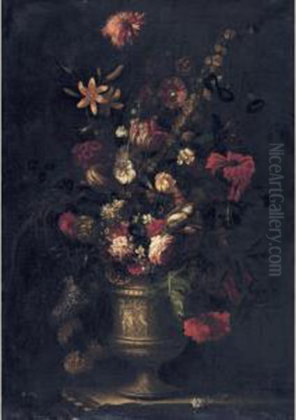 Still Life Of Flowers In A Vase, Resting On A Ledge - view 1