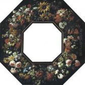A Floral Cartouche With
Sunflowers, Roses, Morning Glory,carnations, Narcissi And Other Flowers
With Flys by Giovanni Stanchi