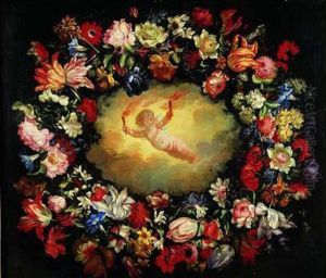 Un Amour Tenant Des Flambeaux Dans Une Guirlande De Fleurs Un Amour Tenant Des Flambeaux Dans Une Guirlande De Fleurs