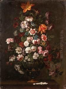 An Iris, Tulips, Roses,
Carnations And Other Flowers In A Gilt Bronze Vase On A Tabletop; And
Tulips, Roses, Peonies, Morning Glory And Other Flowers In A Gilt Bronze
Vase On A Table Top by Giovanni Stanchi