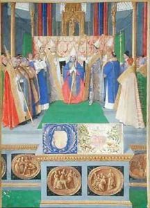St Nicholas ordained as the Bishop of Myra from the Hours of Etienne Chevalier by Jean Fouquet