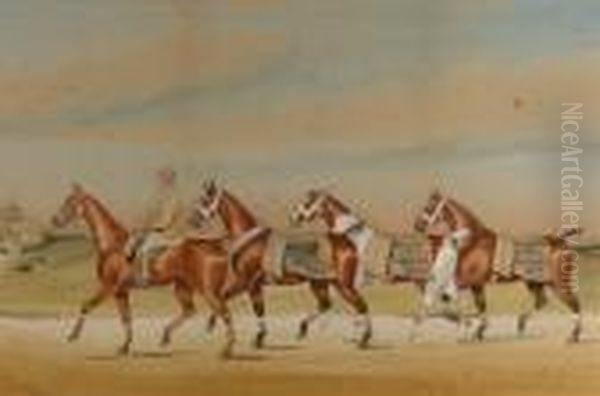 British Stable Lad Exercising
Fours Horses; A Chestnut, A Piebald And Bays, Their Blankets Advertising
Snowdon & Son, Horse Dealers Of Harrogate, The Stables In The
Distance - view 1