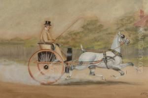 British Gentlemen Driving A Gig Pulled By A Dapple Grey Pony by Henry William Standing