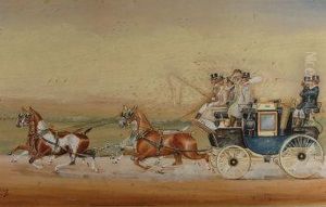 British Coach And Four With 
Ladies And Gentlemen Accompanied By Footmen, On The Way To The Races