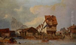Figures On A River By A Town, With A Distant Cathedral by George Clarkson Stanfield
