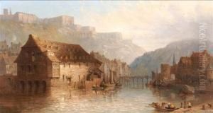 A Continental River Landscape With Figures Andbuildings by George Clarkson Stanfield