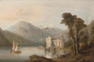Figures Resting Beside An Alpine Lake, A Castle Beyond