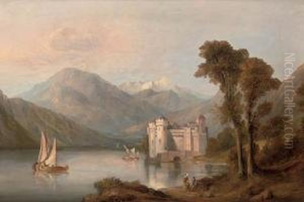 Figures Resting In An Alpine Lake Landscape Before A Castle - view 1