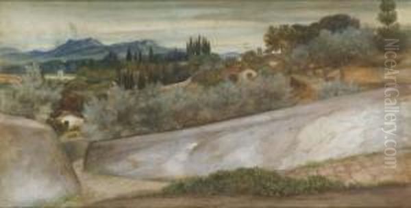 A Tuscan Landscape With Village And Olive Grove - view 1