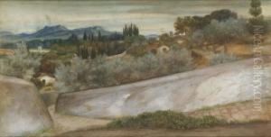 A Tuscan Landscape With Village And Olive Grove by John Roddam Spencer Stanhope