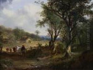 Drover And Cattle By Woodland