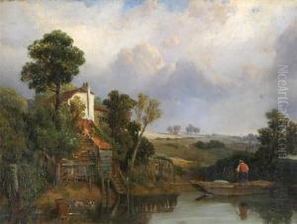 A Fisherman In A Boat Near A Cottage - view 1