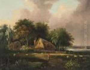 Figure And Sheep Before Woodland Cottages