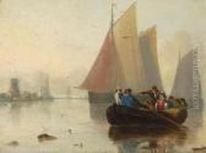 Norfolk River Scene With Figures In A Rowing Boat by Alfred Stannard