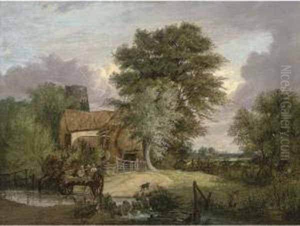 A Wooded Landscape With Figures In A Cart Crossing A Ford - view 1