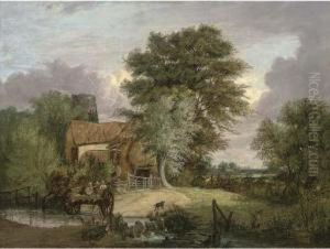 A Wooded Landscape With Figures In A Cart Crossing A Ford