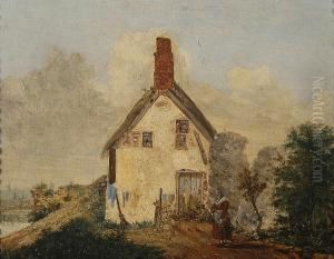 Woman At Her Washing Line By A Riverside Cottage
