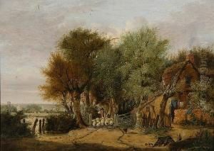 Shepherd And His Flock By A Woodland Cottage