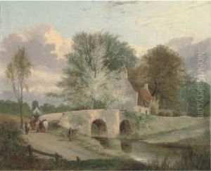 Figures On A Bridge With A Cottage Beyond by Alfred Stannard
