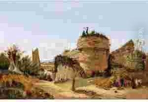 View Of Burgh Castle, Norfolk, 
Looking Towards Reedham, With A Gypsy Family Encamped In The Foreground by Alfred Stannard