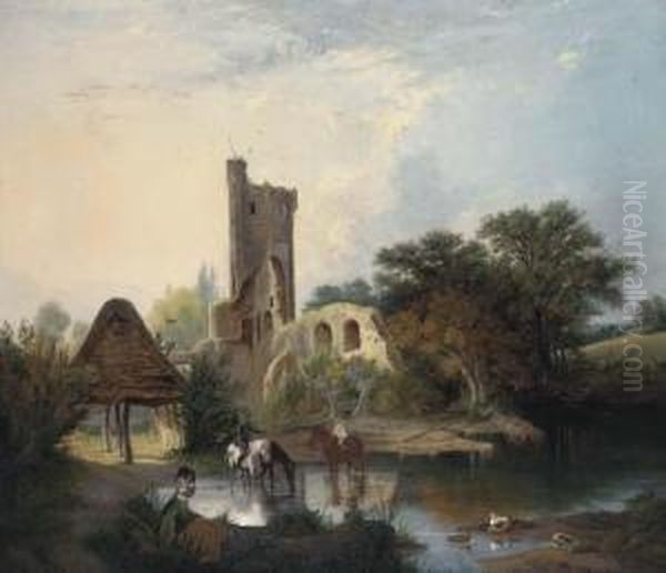 Horses Watering Before A Castle Ruin - view 1