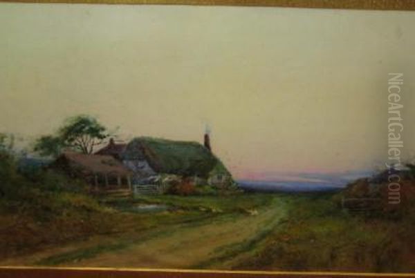 Geese Before A Thatched Cottage At Dusk - view 1