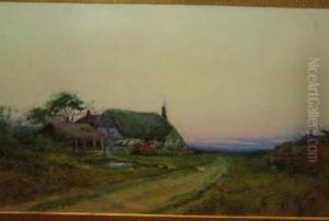 Geese Before A Thatched Cottage At Dusk