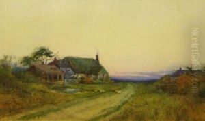 Domestic Poultry Before A Country Cottage At Sunset