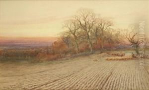 Pastures New, An Evening Scene In Early Autumn With Shepherd And Flock by Henry Stannard