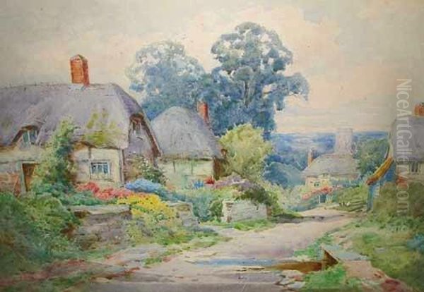 Thatched Cottages With Flower Gardens And Country Path In A Landscape - view 1